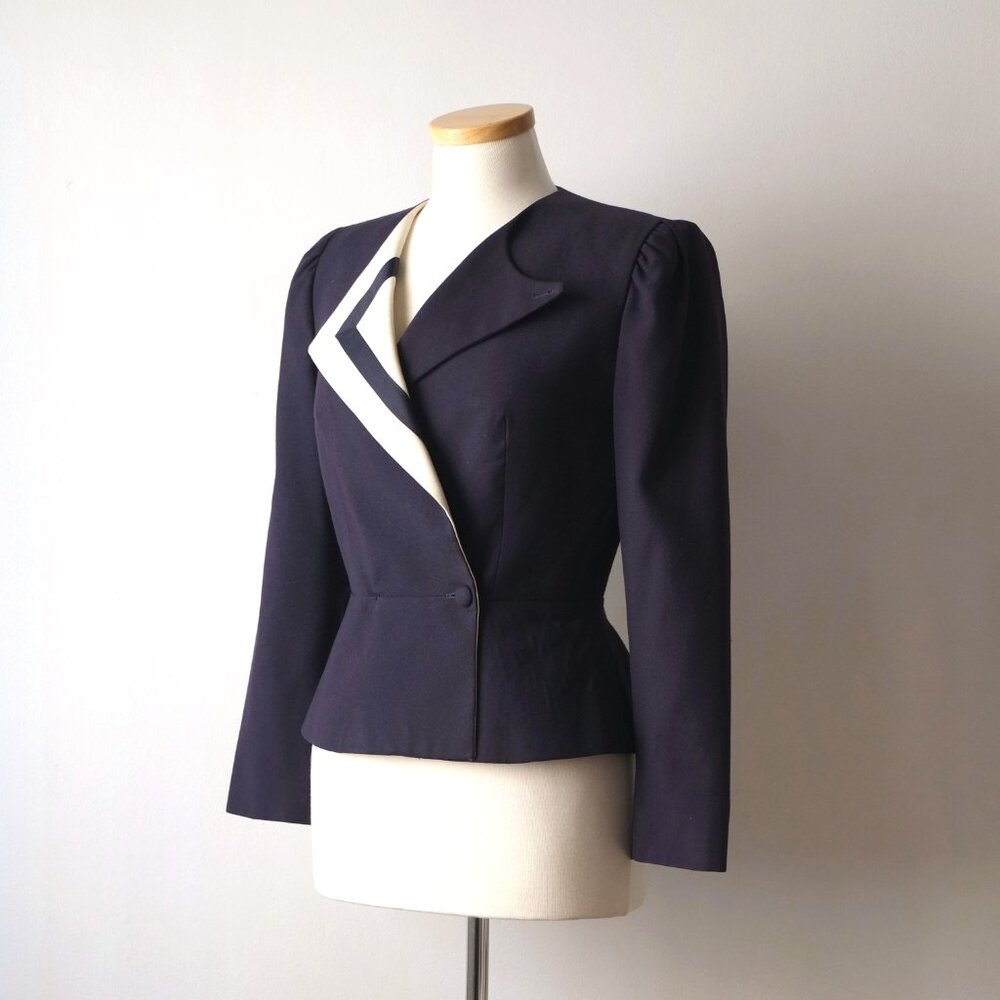 Vintage 70's Women's Eric Sands Asymmetrical Geometric Blue Navy Blazer Jacket - Picture 5 of 7